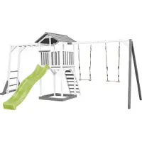 Axi Beach Tower Speeltoren met Klimrek en Dubbele Schommel Grijs/wit - Limoen groene glijbaan