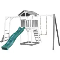 Axi Beach Tower Speeltoren met Klimrek en Enkele Schommel Grijs/wit - Groene Glijbaan