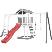 Axi Beach Tower Speeltoren met Klimrek en Enkele Schommel Grijs/wit - Rode Glijbaan
