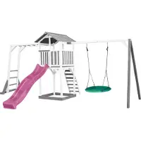 Axi Beach Tower Speeltoren met Klimrek en Summer Nestschommel Grijs/wit - Paarse glijbaan