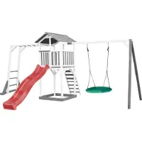 Axi Beach Tower Speeltoestel van hout in Grijs en Wit | Speeltoren met zandbak, klimrek, nestschommel en rode Glijbaan | Speelhuis op palen voor de tuin