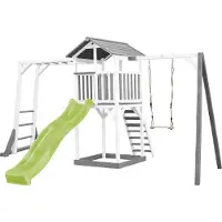Axi Beach Tower Speeltoren met Klimrek en Enkele Schommel Grijs/wit - Limoen groene glijbaan