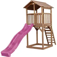 Axi Beach Tower Speeltoestel van hout in Bruin | Speeltoren met zandbak en paarse Glijbaan | Speelhuis op palen voor de tuin