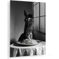 MuchoWow Glasschilderij 120x160 cm - Schilderij acrylglas - Paard - Bord - Pasta - Tafelkleed - Zwart Wit - Dieren - Foto op glas - Muurdecoratie woonkamer - Wanddecoratie slaapkamer - Schilderijen