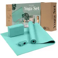 Myga - Yoga set - Yoga starter kits - Turquoise - 1 yogamat ( 173 cm x 61 cm ) - 1 yogablok (14,5 x 7,7 x 23 cm ) - 1 yoga strap/riem