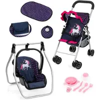 Bayer Opvouwbare poppenbuggy, poppenwagen, dubbele wielen, tas, aankleedkussen, wieg, accessoires