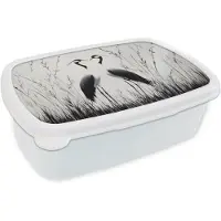 MuchoWow Broodtrommel Wit - Lunchbox Kraanvogels - Gras - Hartvorm - Zwart - Brooddoos 18x12x6 cm - Brood lunch box - Broodtrommels voor kinderen en volwassenen