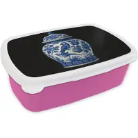 MuchoWow Broodtrommel Roze - Lunchbox Pot - Delfts Blauw - Bloemen - Brooddoos 18x12x6 cm - Brood lunch box - Broodtrommels voor kinderen en volwassenen