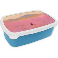 MuchoWow Broodtrommel Blauw - Lunchbox Bloemenweide - Heuvels - Silhouet - Roze - Brooddoos 18x12x6 cm - Brood lunch box - Broodtrommels voor kinderen en volwassenen