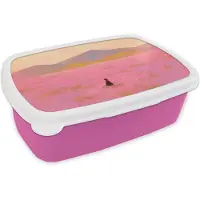 MuchoWow Broodtrommel Roze - Lunchbox Bloemenweide - Heuvels - Silhouet - Roze - Brooddoos 18x12x6 cm - Brood lunch box - Broodtrommels voor kinderen en volwassenen