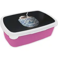 MuchoWow Broodtrommel Roze - Lunchbox Kokosnoot - Eten - Delfts blauw - Drinken - Brooddoos 18x12x6 cm - Brood lunch box - Broodtrommels voor kinderen en volwassenen