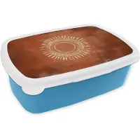 MuchoWow Broodtrommel Blauw - Lunchbox Abstract - Lijnen - Zonnestralen - Roodbruin - Brooddoos 18x12x6 cm - Brood lunch box - Broodtrommels voor kinderen en volwassenen