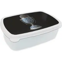 MuchoWow Broodtrommel Wit - Lunchbox Microfoon - Delfts blauw - Muziek - Brooddoos 18x12x6 cm - Brood lunch box - Broodtrommels voor kinderen en volwassenen