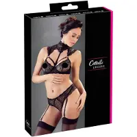 Cottelli collection – Lingerie Set met Kanten Afwerking en Jarretelbanden – Maat 75B/S – Zwart