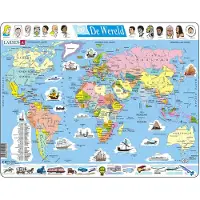 Larsen Wereld – Puzzel – Kaarten & Geografie – Wereldkaart – Educatieve legpuzzel voor kinderen – 107 stukjes – Gemaakt in Noorwegen – Extra dikke 2,5 mm stukjes – Tray met vaste rand