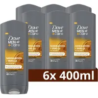 Dove Men 3-in-1 Douchegel - Sandalwood + Vanilla - reinigt mild en verzorgt de huid 24 uur lang met MicroMoisture technologie - 6 x 400 ml