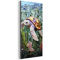 MuchoWow Aluminium schilderij 40x80 cm - Wanddecoratie metaal - Schildpad - Zeewier - Mozaïek - Metalen muurdecoratie woonkamer - Decoratie industrieel - Foto op dibond - Industriële accessoires slaapkamer