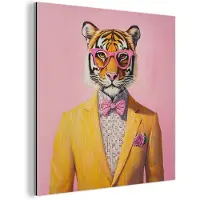 MuchoWow Aluminium schilderij 20x20 cm - Wanddecoratie metaal - Tijger - Bril - Geel - Jasje - Metalen muurdecoratie woonkamer - Decoratie industrieel - Foto op dibond - Industriële accessoires slaapkamer
