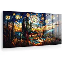 MuchoWow Glasschilderij 40x20 cm - Schilderij acrylglas - Hemel - Sterren - Mozaïek - Huizen - Foto op glas - Muurdecoratie woonkamer - Wanddecoratie slaapkamer - Schilderijen