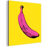 MuchoWow Aluminium schilderij 90x90 cm - Wanddecoratie metaal - Banaan - Grafisch - Geel - Metalen muurdecoratie woonkamer - Decoratie industrieel - Foto op dibond - Industriële accessoires slaapkamer