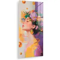 MuchoWow Glasschilderij 60x120 cm - Schilderij acrylglas - Abstract - Vrouw - Bloemenkroon - Goud - Foto op glas - Muurdecoratie woonkamer - Wanddecoratie slaapkamer - Schilderijen