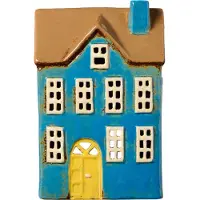 Ib Laursen - Keramieken Huisje Nyhavn - Blauw met gele deur - Waxinelichthouder