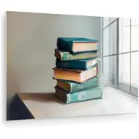 MuchoWow Glasschilderij 180x120 cm - Schilderij acrylglas - Stapel - Boeken - Groen - Daglicht - Foto op glas - Muurdecoratie woonkamer - Wanddecoratie slaapkamer - Schilderijen