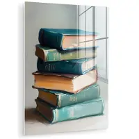 MuchoWow Glasschilderij 120x160 cm - Schilderij acrylglas - Stapel - Boeken - Groen - Daglicht - Foto op glas - Muurdecoratie woonkamer - Wanddecoratie slaapkamer - Schilderijen
