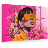 MuchoWow Glasschilderij 180x120 cm - Schilderij acrylglas - Zonnebril - Oranje - Vrouw - Planten - Foto op glas - Muurdecoratie woonkamer - Wanddecoratie slaapkamer - Schilderijen