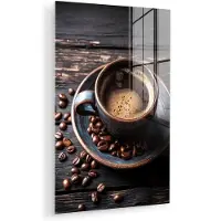 MuchoWow Glasschilderij 120x180 cm - Schilderij acrylglas - Kop - Koffie - Hout - Bonen - Foto op glas - Muurdecoratie woonkamer - Wanddecoratie slaapkamer - Schilderijen
