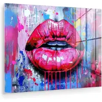 MuchoWow Glasschilderij 160x120 cm - Schilderij acrylglas - Graffiti - Lippen - Felroze - Geschilderd - Foto op glas - Muurdecoratie woonkamer - Wanddecoratie slaapkamer - Schilderijen