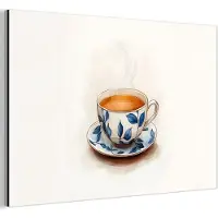 MuchoWow Aluminium schilderij 180x120 cm - Wanddecoratie metaal - Theekop - Bladeren - Blauw - Metalen muurdecoratie woonkamer - Decoratie industrieel - Foto op dibond - Industriële accessoires slaapkamer