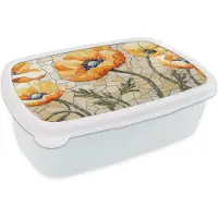 MuchoWow Broodtrommel Wit - Lunchbox Klaprozen - Oranje - Mozaïek - Bladeren - Brooddoos 18x12x6 cm - Brood lunch box - Broodtrommels voor kinderen en volwassenen