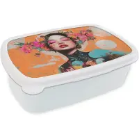 MuchoWow Broodtrommel Wit - Lunchbox Portret - Vrouw - Abstract - Bloemen - Brooddoos 18x12x6 cm - Brood lunch box - Broodtrommels voor kinderen en volwassenen