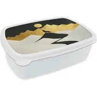 MuchoWow Broodtrommel Wit - Lunchbox Wolf - Bergen - Maan - Zwart - Brooddoos 18x12x6 cm - Brood lunch box - Broodtrommels voor kinderen en volwassenen