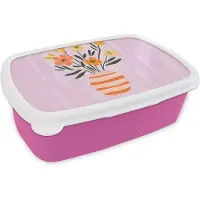 MuchoWow Broodtrommel Roze - Lunchbox Vaas - Gestreept - Bloemen - Oranje - Brooddoos 18x12x6 cm - Brood lunch box - Broodtrommels voor kinderen en volwassenen