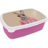 MuchoWow Broodtrommel Roze - Lunchbox Grijs - Konijn - Blouse - Strik - Brooddoos 18x12x6 cm - Brood lunch box - Broodtrommels voor kinderen en volwassenen