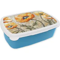 MuchoWow Broodtrommel Blauw - Lunchbox Klaprozen - Oranje - Mozaïek - Bladeren - Brooddoos 18x12x6 cm - Brood lunch box - Broodtrommels voor kinderen en volwassenen