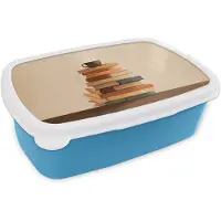 MuchoWow Broodtrommel Blauw - Lunchbox Boeken - Toren - Koffie - Beige - Brooddoos 18x12x6 cm - Brood lunch box - Broodtrommels voor kinderen en volwassenen