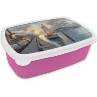 MuchoWow Broodtrommel Roze - Lunchbox Zeilboot - Zon - Pier - Hout - Brooddoos 18x12x6 cm - Brood lunch box - Broodtrommels voor kinderen en volwassenen