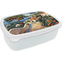 MuchoWow Broodtrommel Wit - Lunchbox Huizen - Mozaïek - Sinaasappelbomen - Zee - Brooddoos 18x12x6 cm - Brood lunch box - Broodtrommels voor kinderen en volwassenen