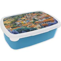 MuchoWow Broodtrommel Blauw - Lunchbox Dorp - Heuvels - Landschap - Bomen - Brooddoos 18x12x6 cm - Brood lunch box - Broodtrommels voor kinderen en volwassenen