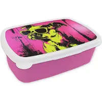 MuchoWow Broodtrommel Roze - Lunchbox Hond - Zonnebril - Roze - Art - Brooddoos 18x12x6 cm - Brood lunch box - Broodtrommels voor kinderen en volwassenen