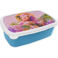 MuchoWow Broodtrommel Blauw - Lunchbox Vrouw - Abstract - Cirkel - Bloemen - Brooddoos 18x12x6 cm - Brood lunch box - Broodtrommels voor kinderen en volwassenen