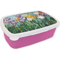 MuchoWow Broodtrommel Roze - Lunchbox Mozaïek - Veld - Tulpen - Kleurrijk - Brooddoos 18x12x6 cm - Brood lunch box - Broodtrommels voor kinderen en volwassenen