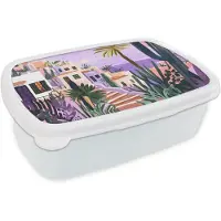 MuchoWow Broodtrommel Wit - Lunchbox Huizen - Minimalistisch - Palmbomen - Kust - Brooddoos 18x12x6 cm - Brood lunch box - Broodtrommels voor kinderen en volwassenen