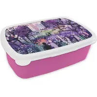 MuchoWow Broodtrommel Roze - Lunchbox Park - Bomen - Bloemen - Gebouwen - Brooddoos 18x12x6 cm - Brood lunch box - Broodtrommels voor kinderen en volwassenen