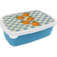 MuchoWow Broodtrommel Blauw - Lunchbox Sinaasappels - Blaadjes - Geblokt - Blauw - Brooddoos 18x12x6 cm - Brood lunch box - Broodtrommels voor kinderen en volwassenen