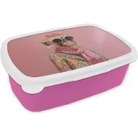 MuchoWow Broodtrommel Roze - Lunchbox Sjaal - Aap - Zonnebril - Jasje - Brooddoos 18x12x6 cm - Brood lunch box - Broodtrommels voor kinderen en volwassenen