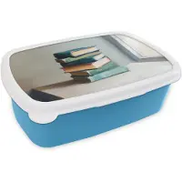 MuchoWow Broodtrommel Blauw - Lunchbox Stapel - Boeken - Groen - Daglicht - Brooddoos 18x12x6 cm - Brood lunch box - Broodtrommels voor kinderen en volwassenen